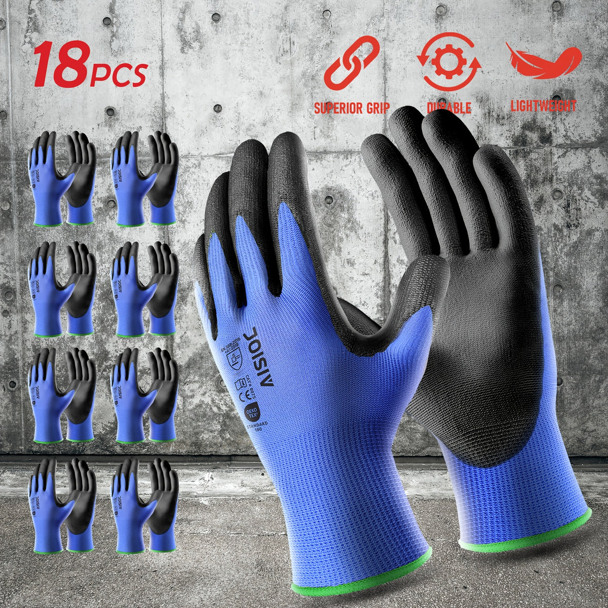 Gants de travail en maille enduite — lot de 18 paires