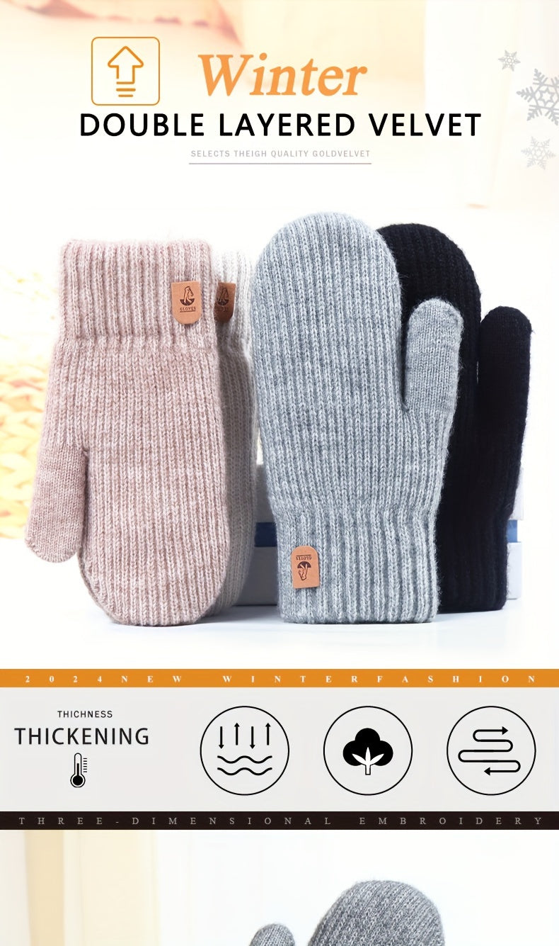 Gants mitaines doublés thermiques en laine, 4 coloris