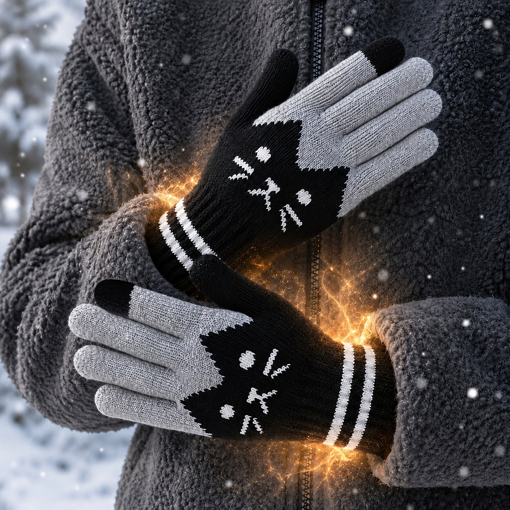 Gants à motif chat en maille pour enfant, rose