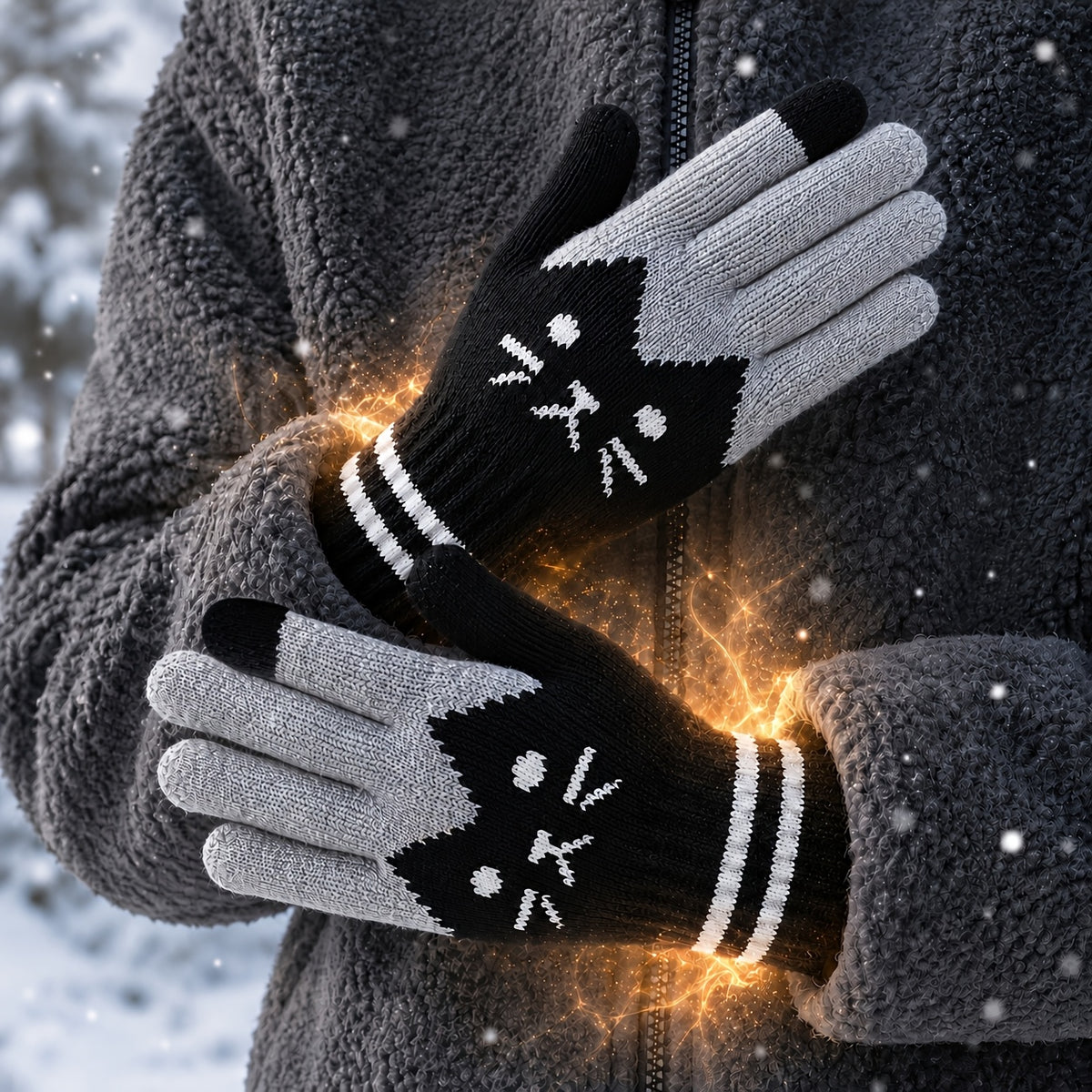 Gants à motif chat en maille pour enfant, rose