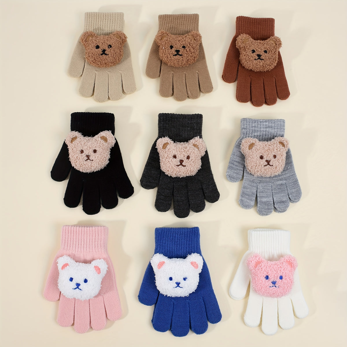 Gants à motif ourson à poignet côtelé en maille pour enfant