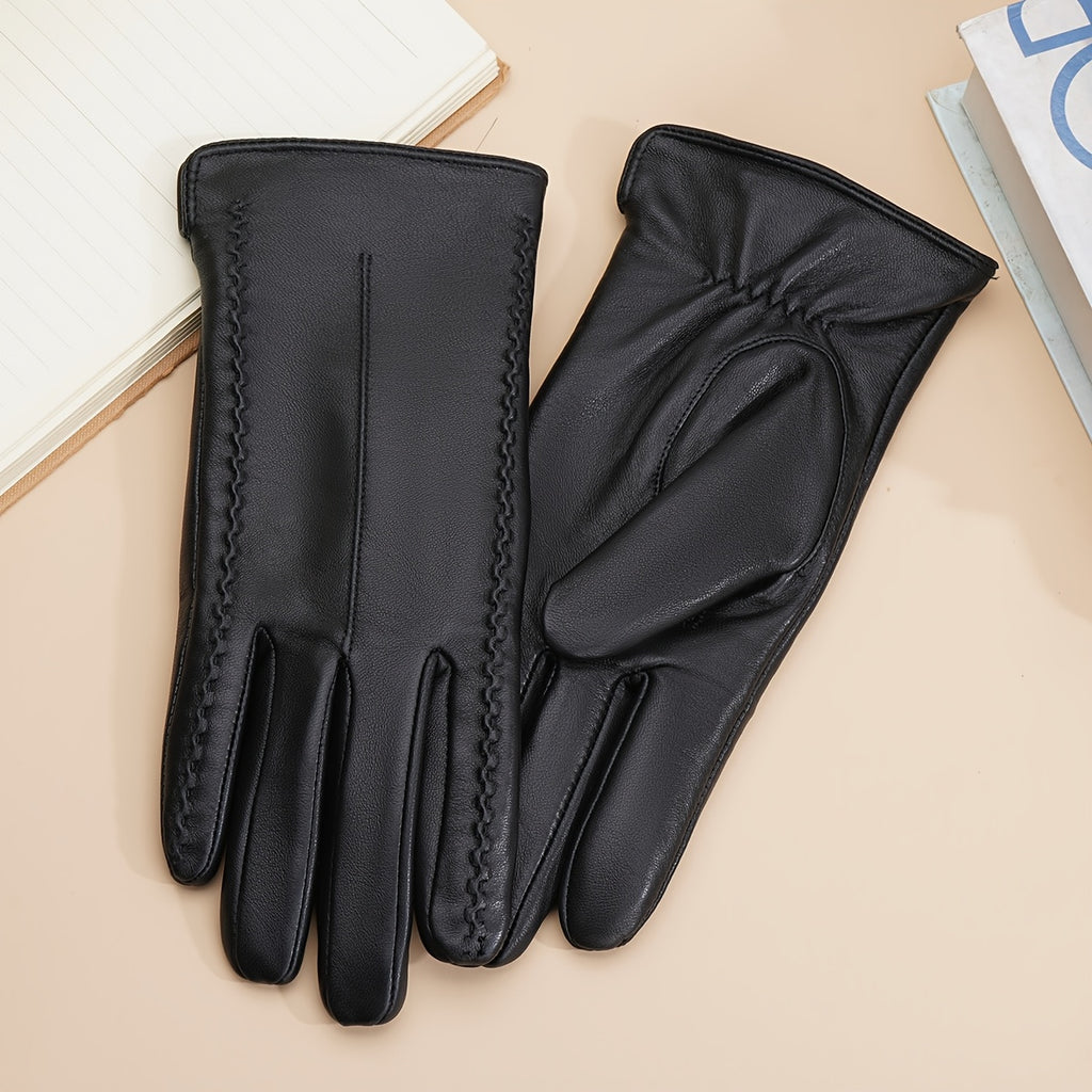 Gants tactiles coupe-vent doublés en cuir, noir, noir, du S au L, noir