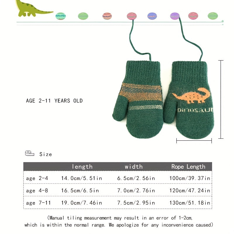 Moufles brodées à motif dinosaure reliées par un cordon en maille pour enfant