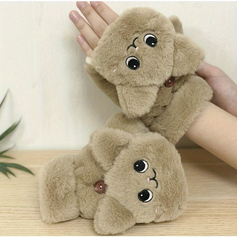 Gants-moufles tactiles à rabat en peluche brodés