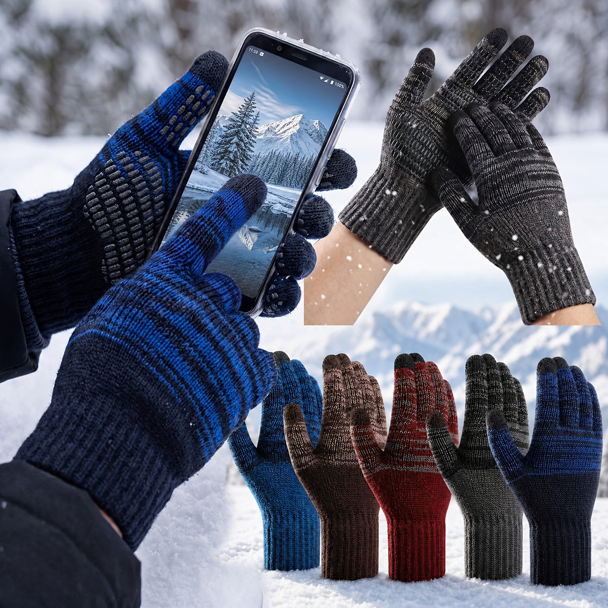 Gants tactiles rayés en maille