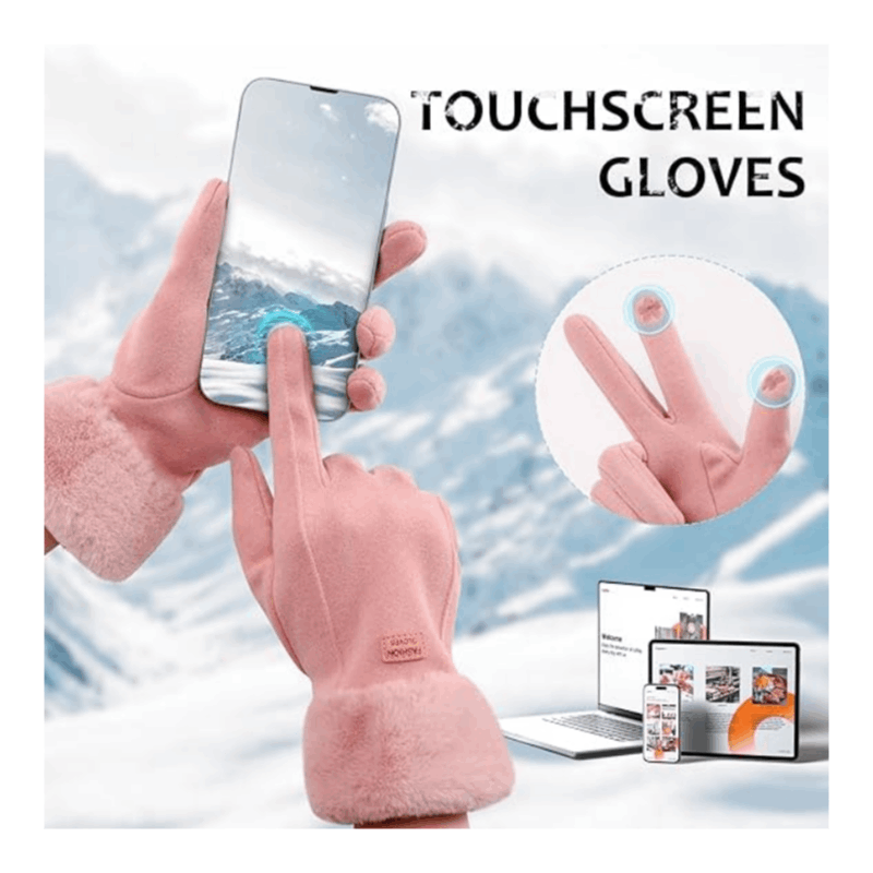 Gants tactiles à revers de fourrure en suédine à boucle