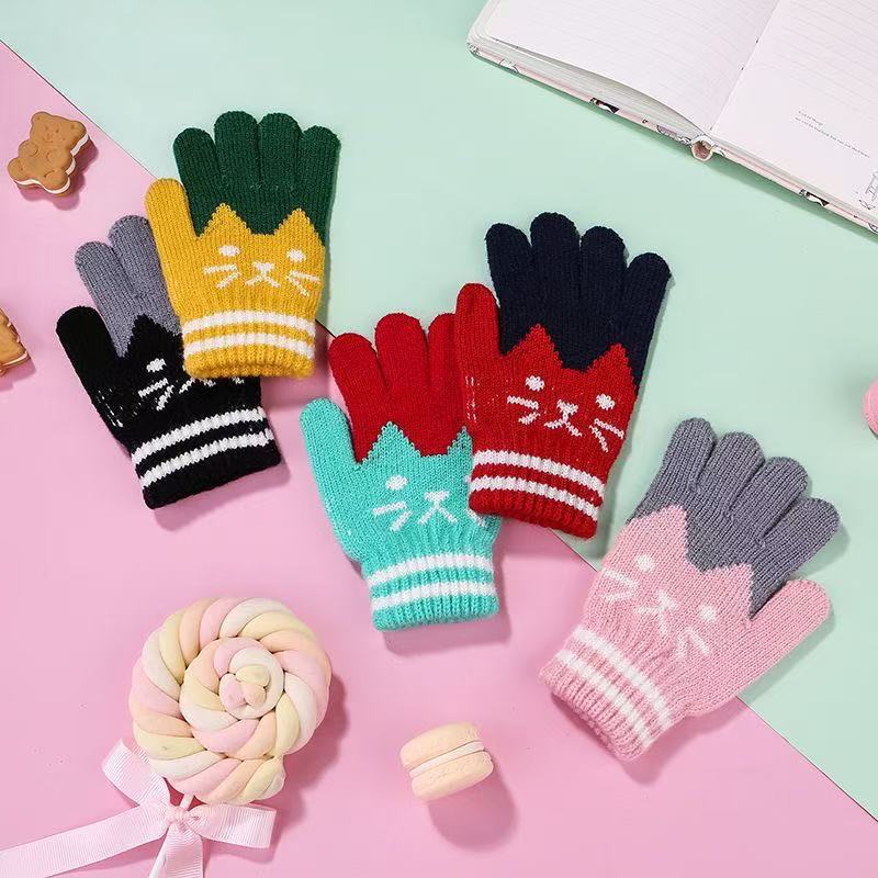 Gants à motif chat en maille pour enfant, rose
