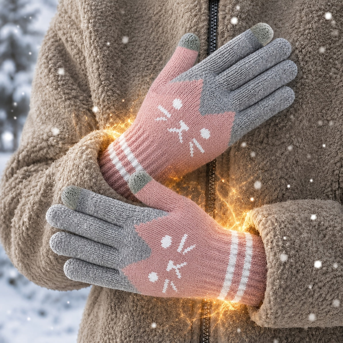 Gants à motif chat en maille pour enfant, rose