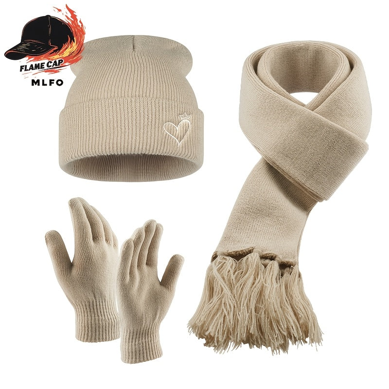 Ensemble 3 pièces — bonnet, écharpe et gants, 5 coloris, avec bonnet et écharpe, beige