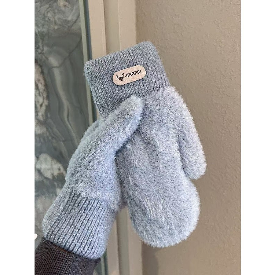 Moufles à étiquette cousue en peluche, kaki étiqueté