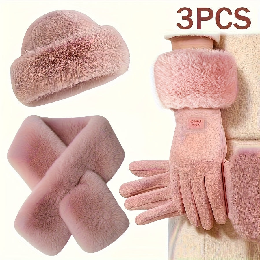 Ensemble 3 pièces — bonnet, écharpe et gants, 3 coloris, rose