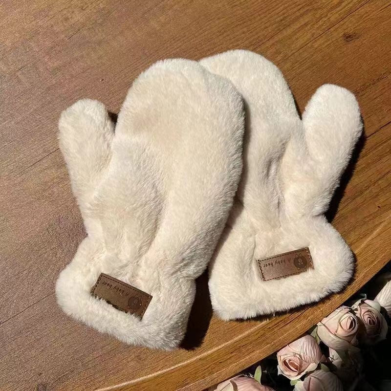 Gants avec Étiquette en Fourrure de Lapin (Beige)
