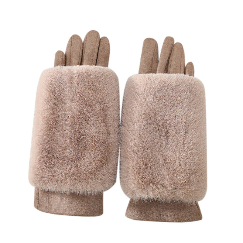 Gants-moufles à rabat coupe-vent en peluche, kaki