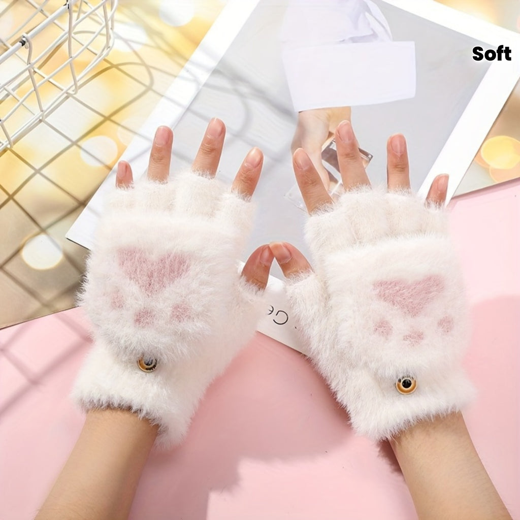 Gants-moufles à rabat tactiles à motif fleuri en peluche