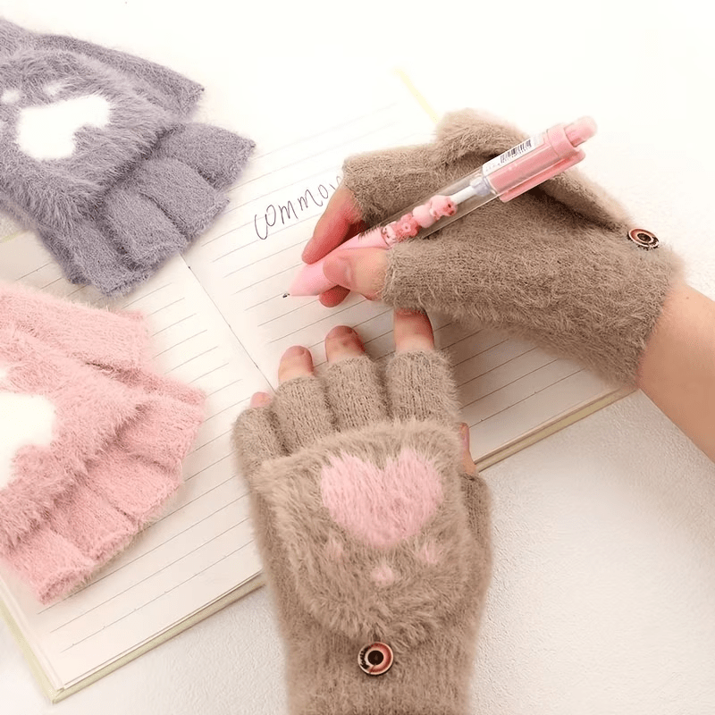 Gants-moufles à rabat tactiles à motif fleuri en peluche