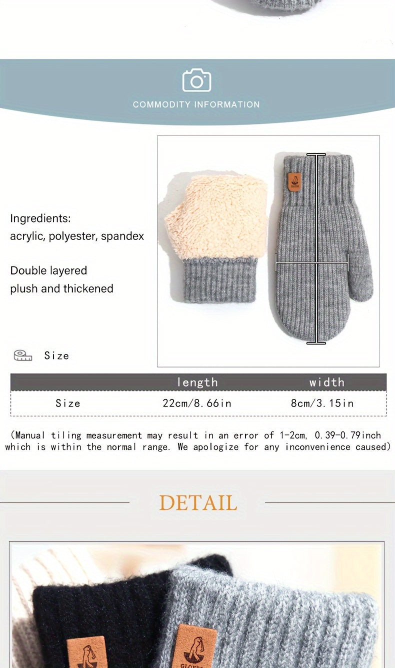 Gants mitaines doublés thermiques en laine, 4 coloris