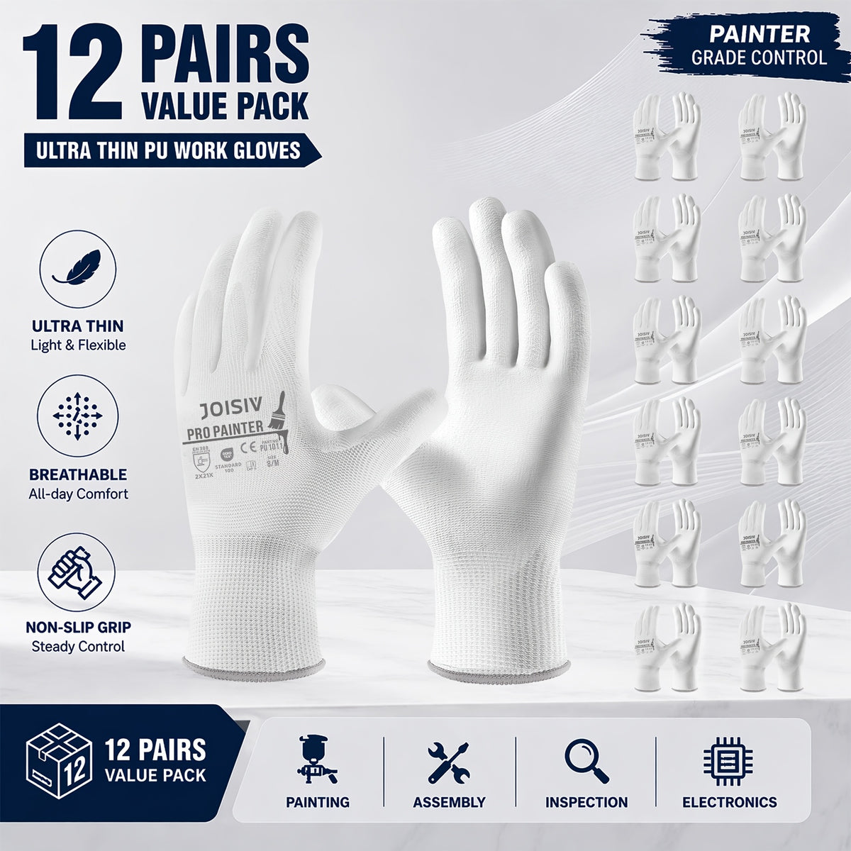 Gants de travail antidérapants en maille enduite — lot de 12 paires à sans couture