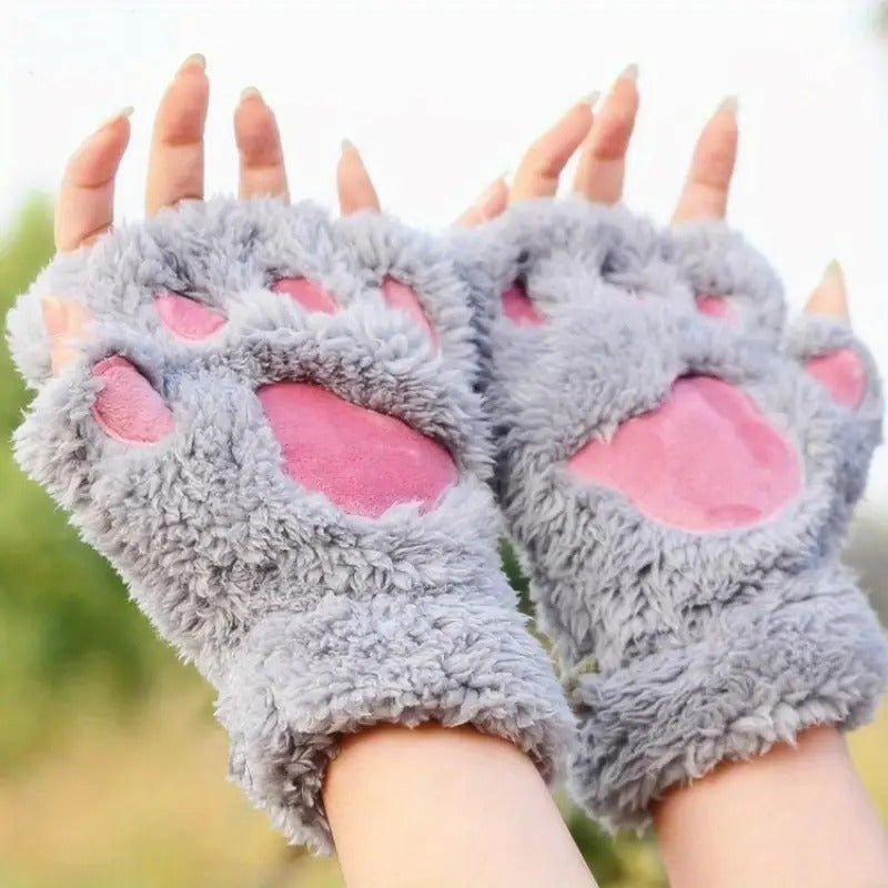 Gants-moufles à rabat à motif chat en peluche pattes de chat