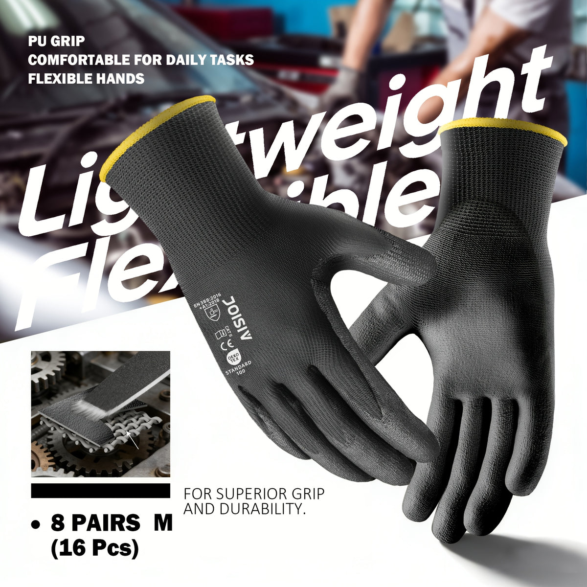 Gants de travail antidérapants fins — lot de 8 paires, noir