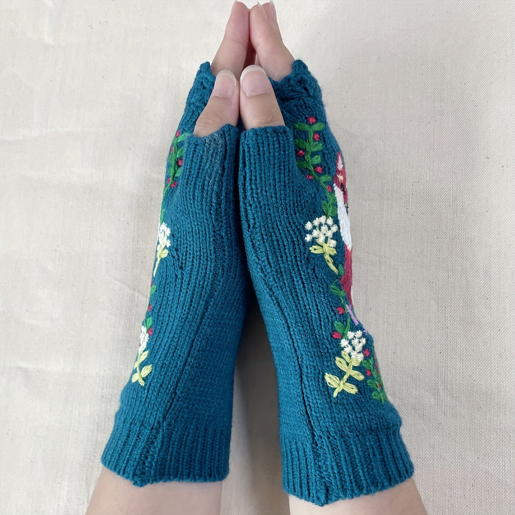Mitaines brodées à motif fleuri en maille