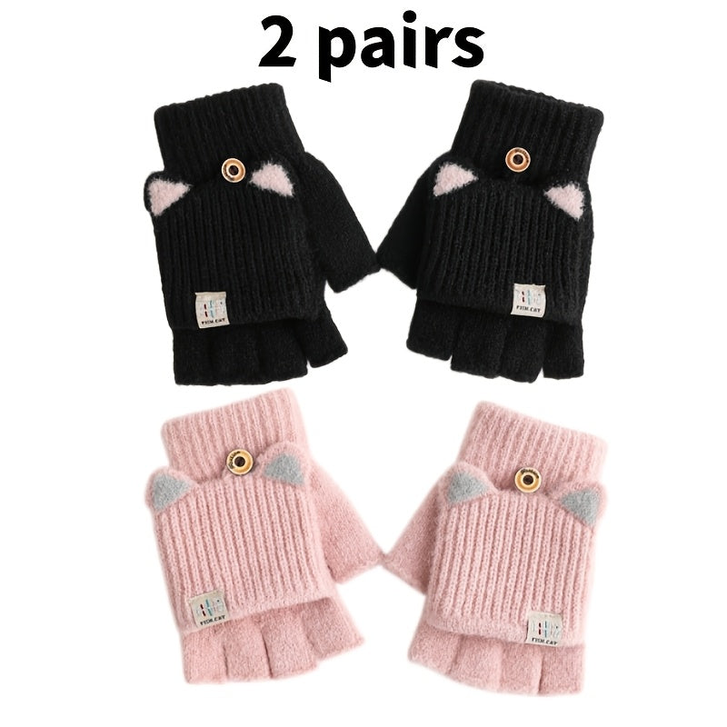 Noir + Rose - Ensemble de Gants à Oreilles de Chat à Rabat