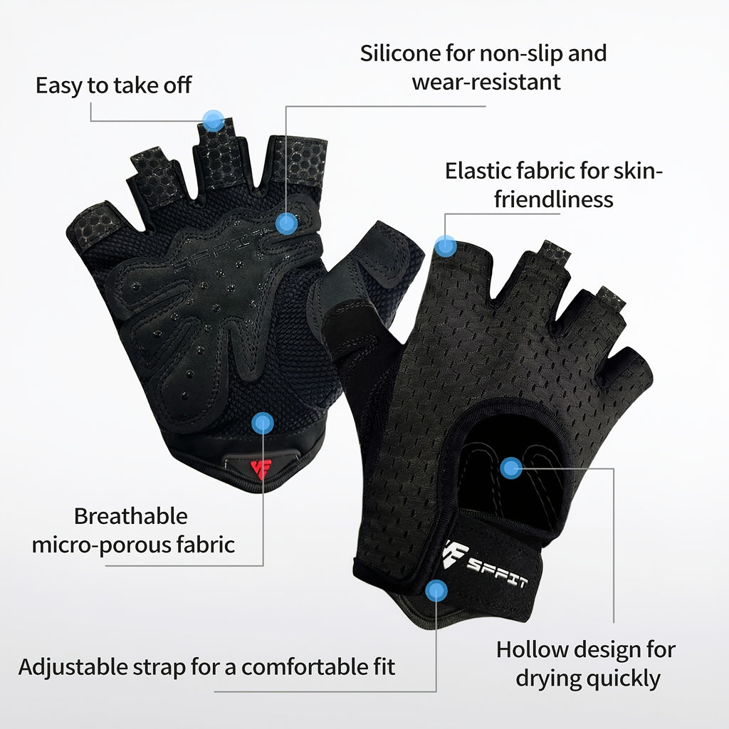 Gants de musculation sans doigts antidérapants, noir