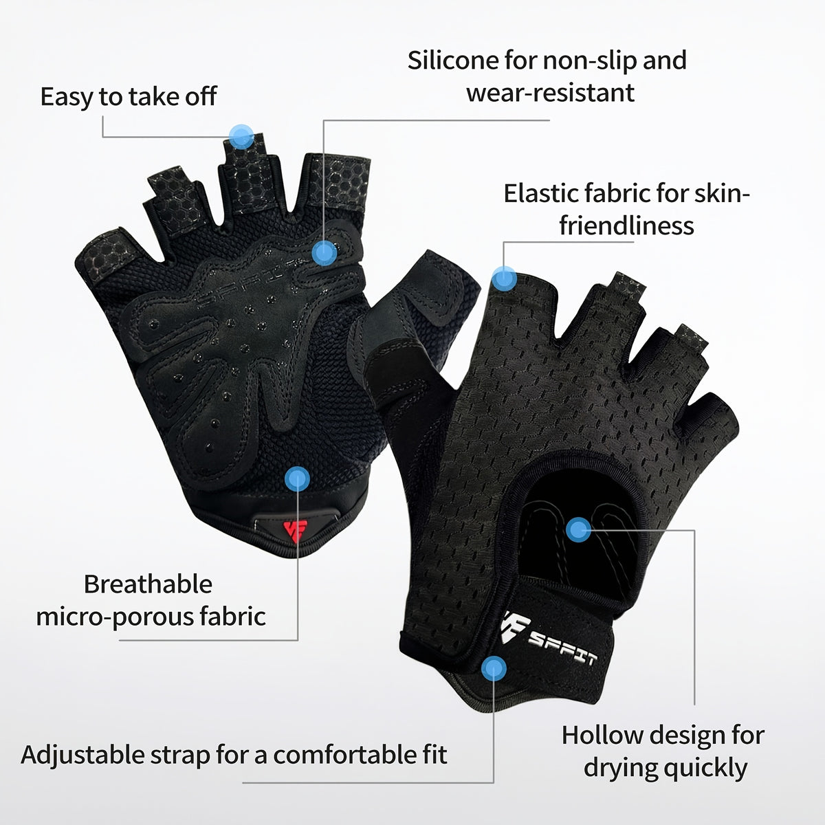 Gants de musculation sans doigts antidérapants, noir