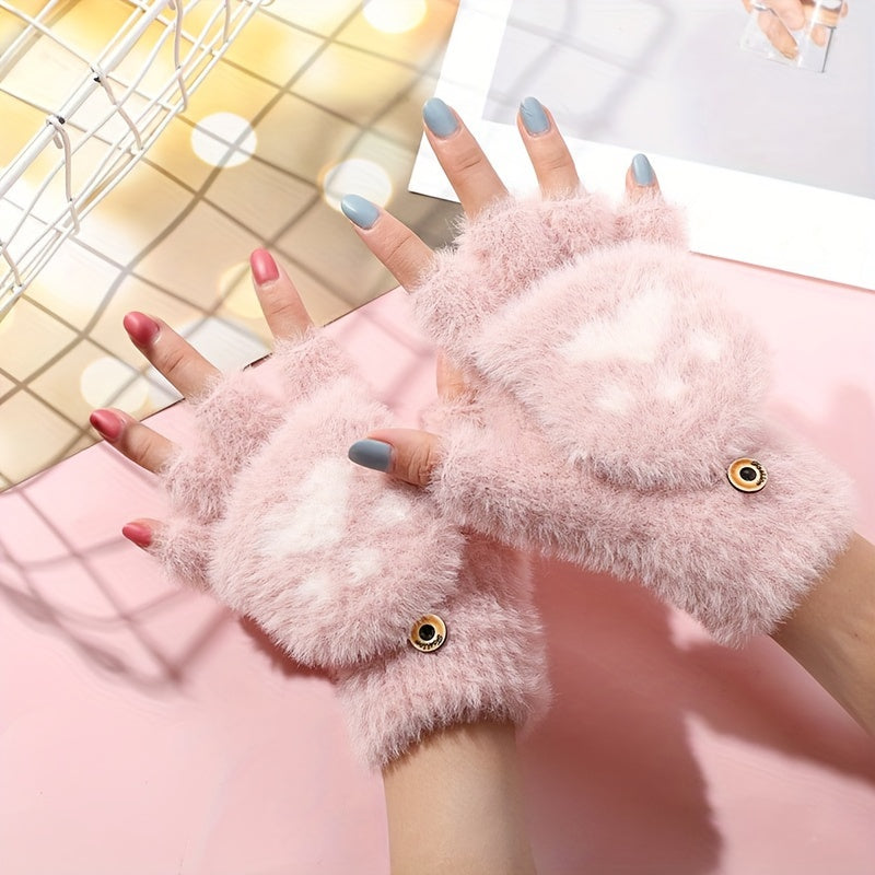 Gants-moufles à rabat tactiles à motif fleuri en peluche
