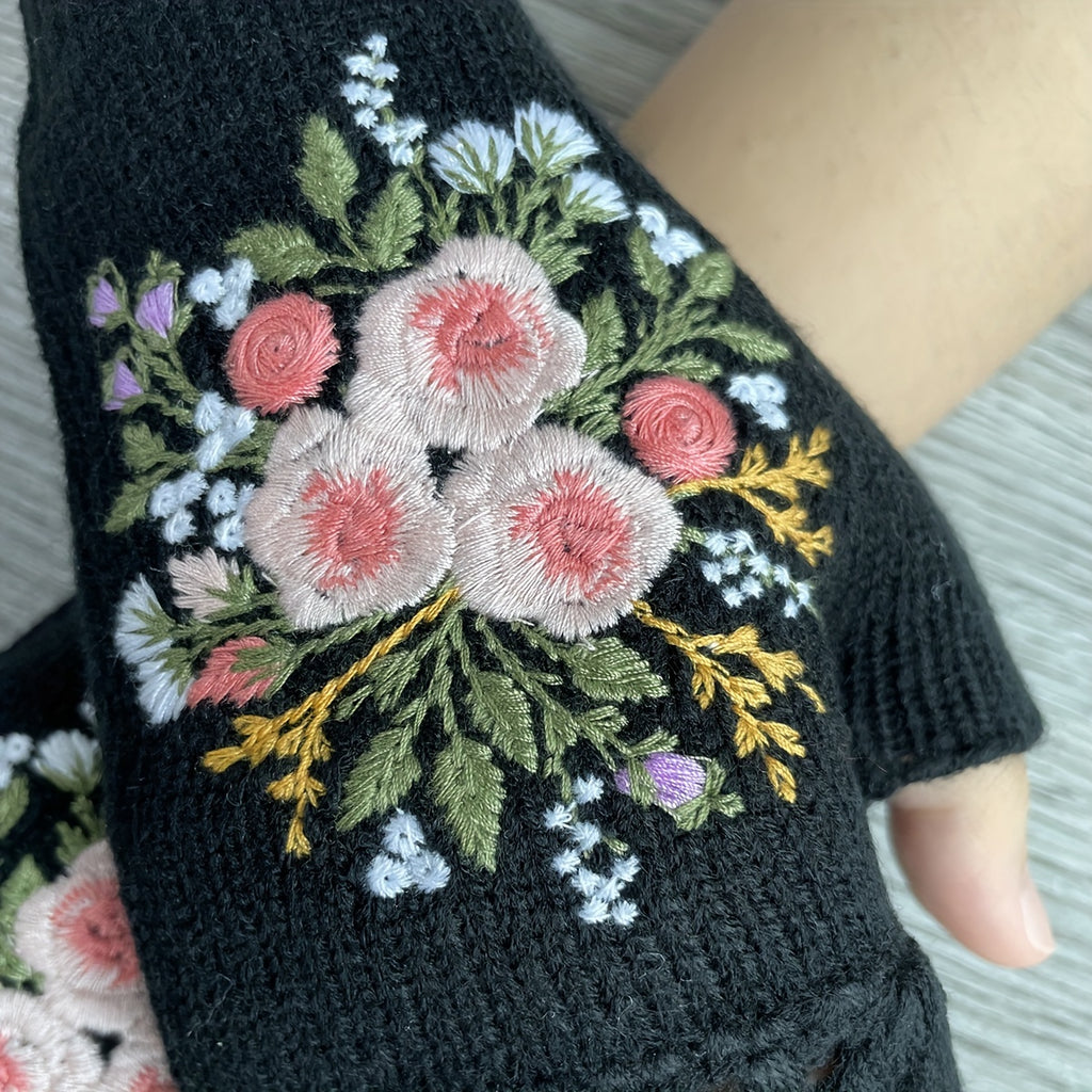 Gants sans doigts en maille, 3 coloris, brodé