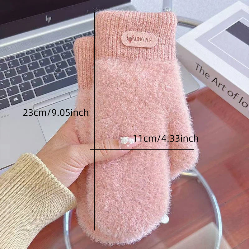 Moufles à étiquette cousue en peluche, étiqueté kaki