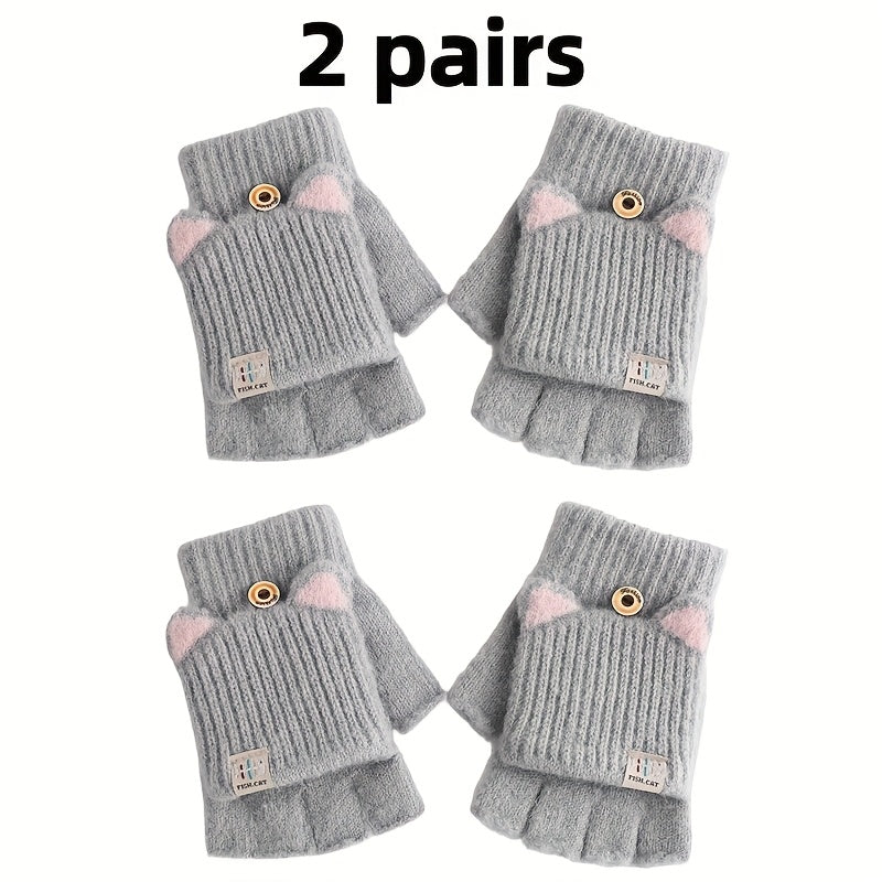 Gris - Ensemble de Gants à Oreilles de Chat avec Couverture Rabattable
