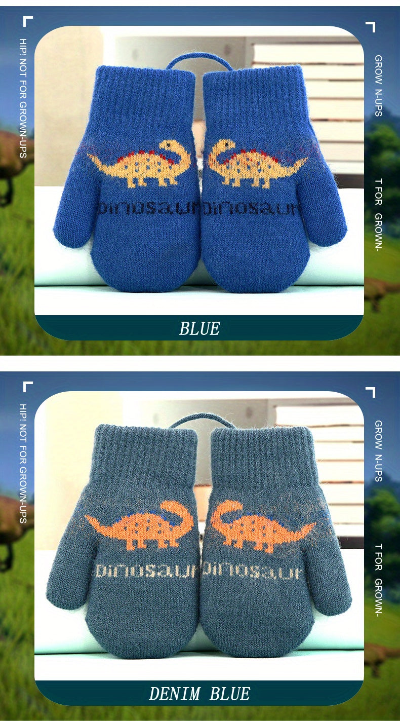 Moufles brodées à motif dinosaure reliées par un cordon en maille pour enfant