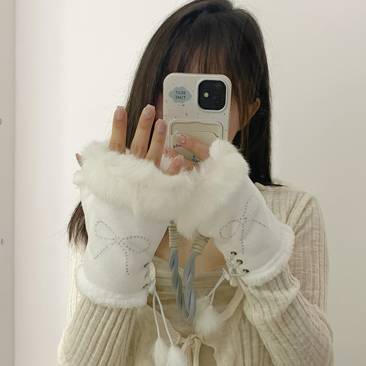 Gants sans doigts en maille, 2 coloris, blanc et noir brillant