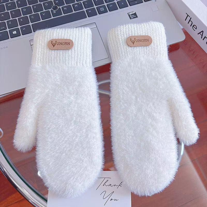 Moufles à étiquette cousue en peluche, étiqueté kaki