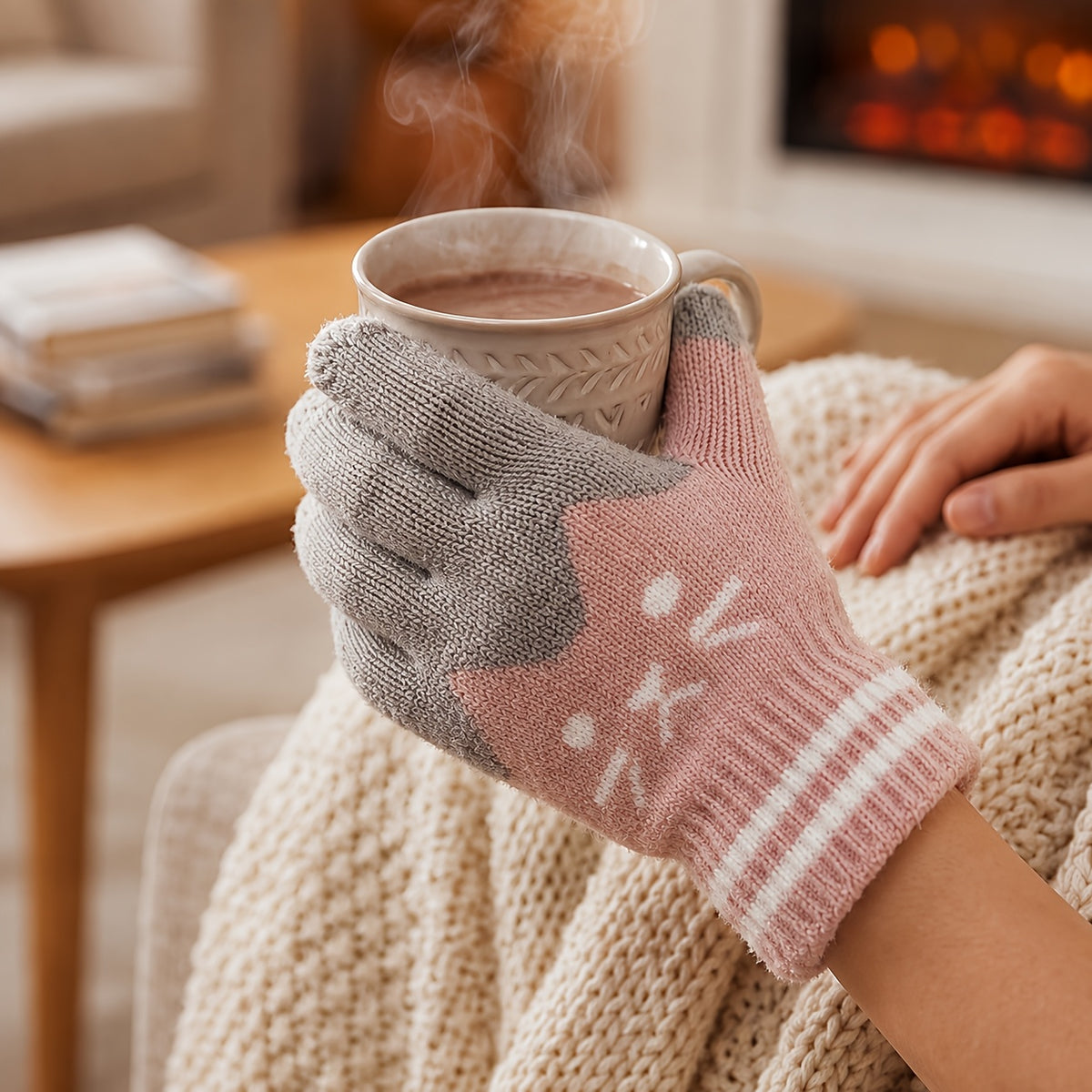 Gants à motif chat en maille pour enfant, rose