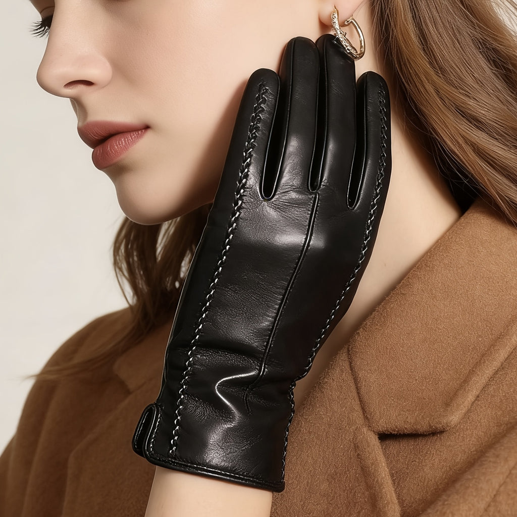Gants tactiles à surpiqûres en cuir de mouton, du S au L, noir