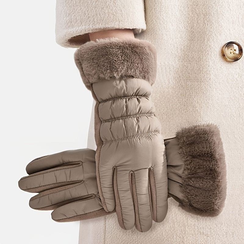 Gants tactiles épais à revers de fourrure à surpiqûres en suédine