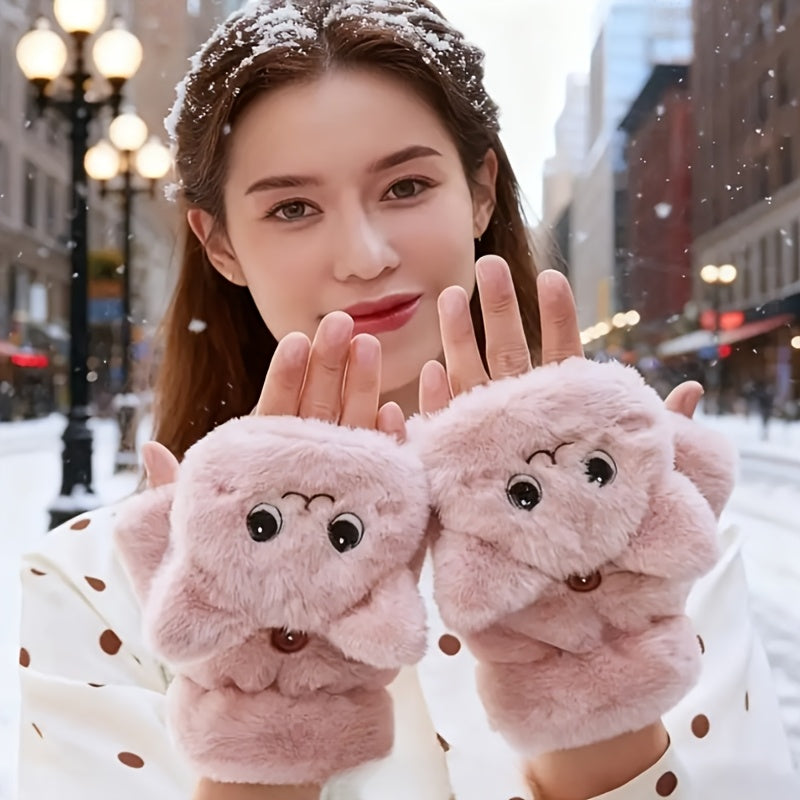 Gants-moufles tactiles à rabat en peluche brodés