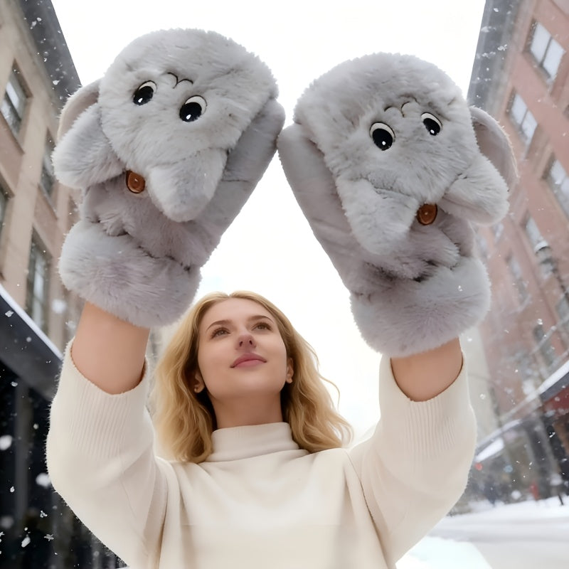 Gants-moufles tactiles à rabat en peluche brodés