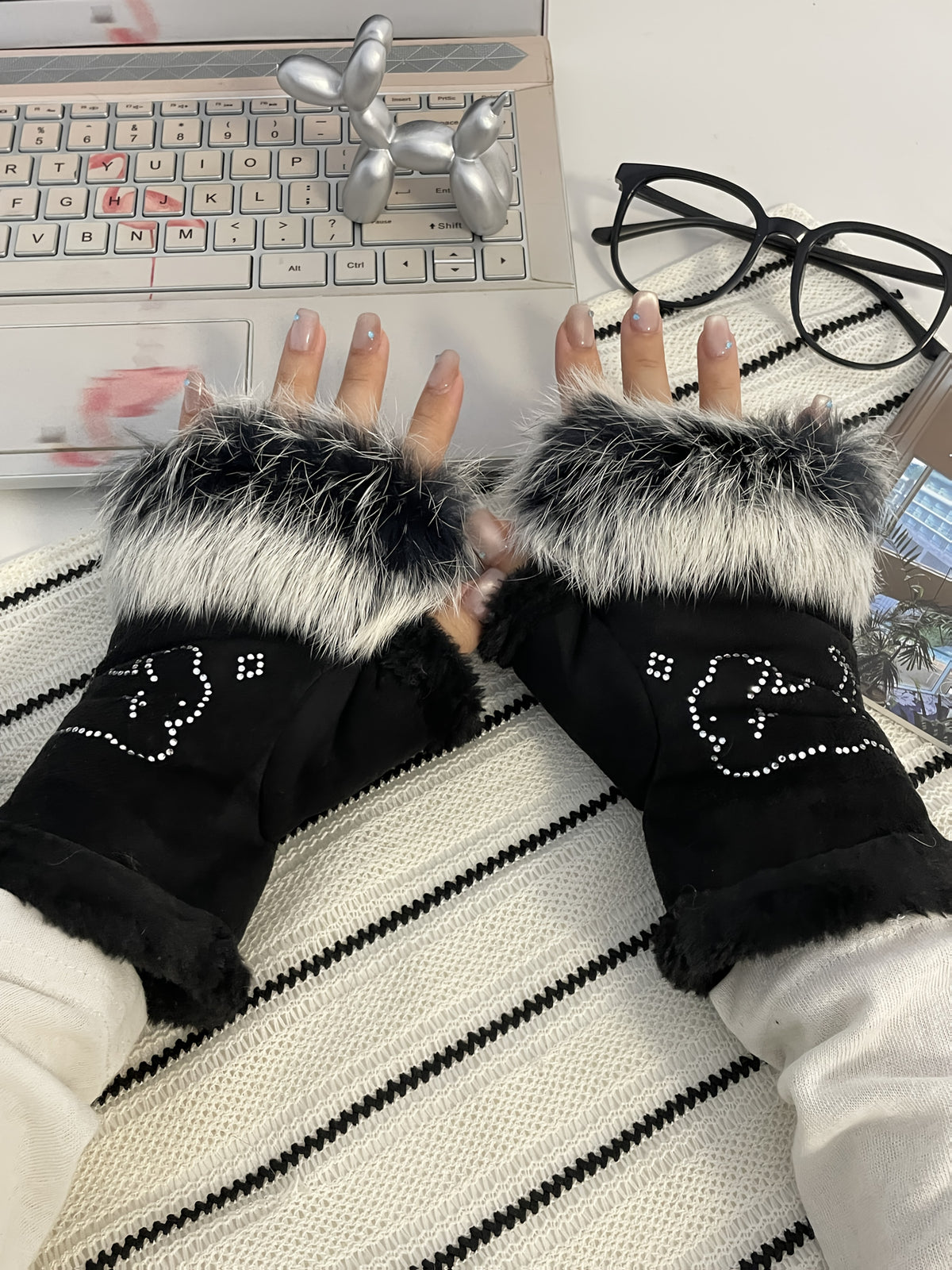Gants sans doigts en maille, 2 coloris, blanc et noir