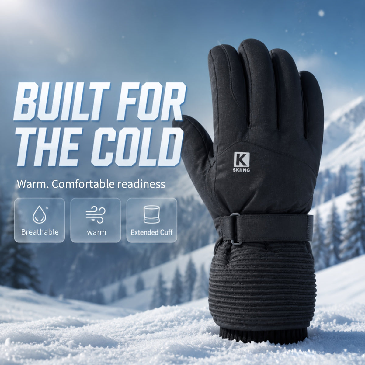 Gants de ski imperméables à sangle de poignet en maille, blanc