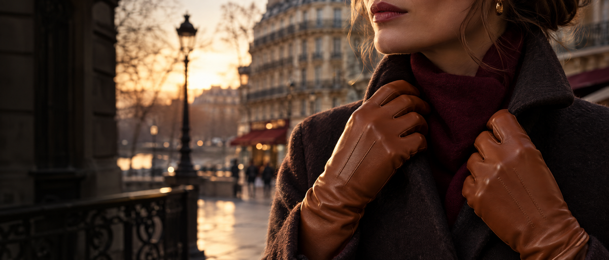 Femme ajustant son col en gants de cuir cognac dans une rue de Paris