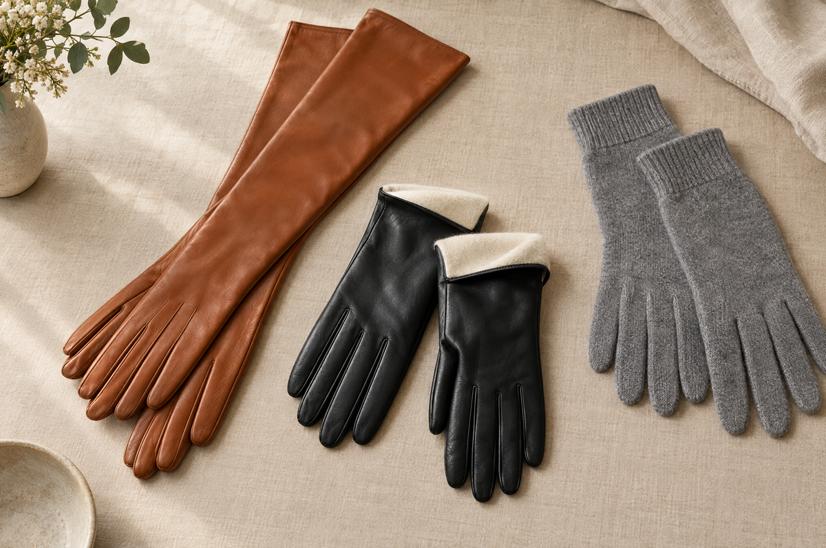 Gants femme en cuir cognac longs, cuir noir doublé cachemire et maille grise Image