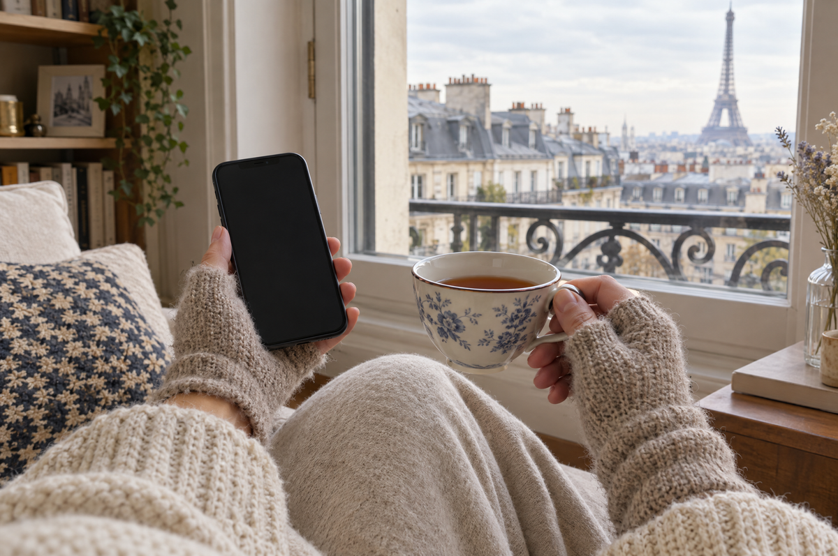 Mitaines en laine beige, doigts libres sur un téléphone et une tasse de thé Image