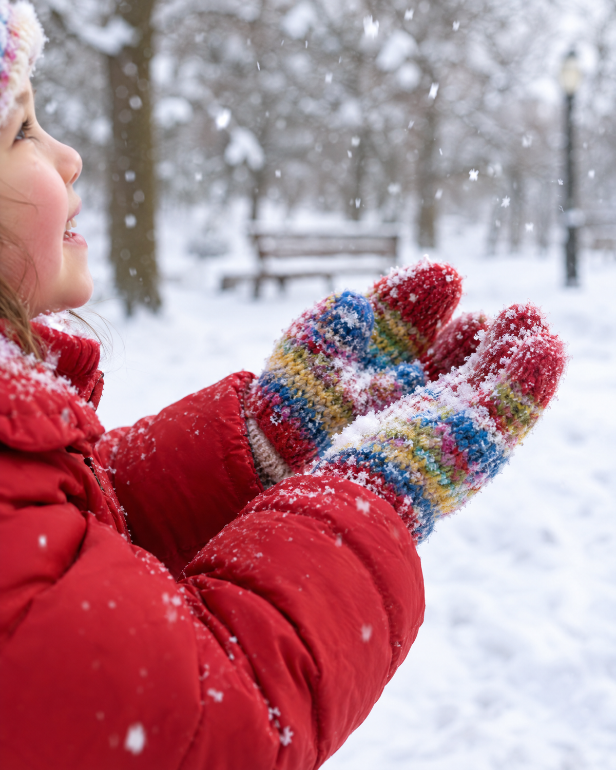 Enfant en gants de laine colorés attrapant des flocons de neige