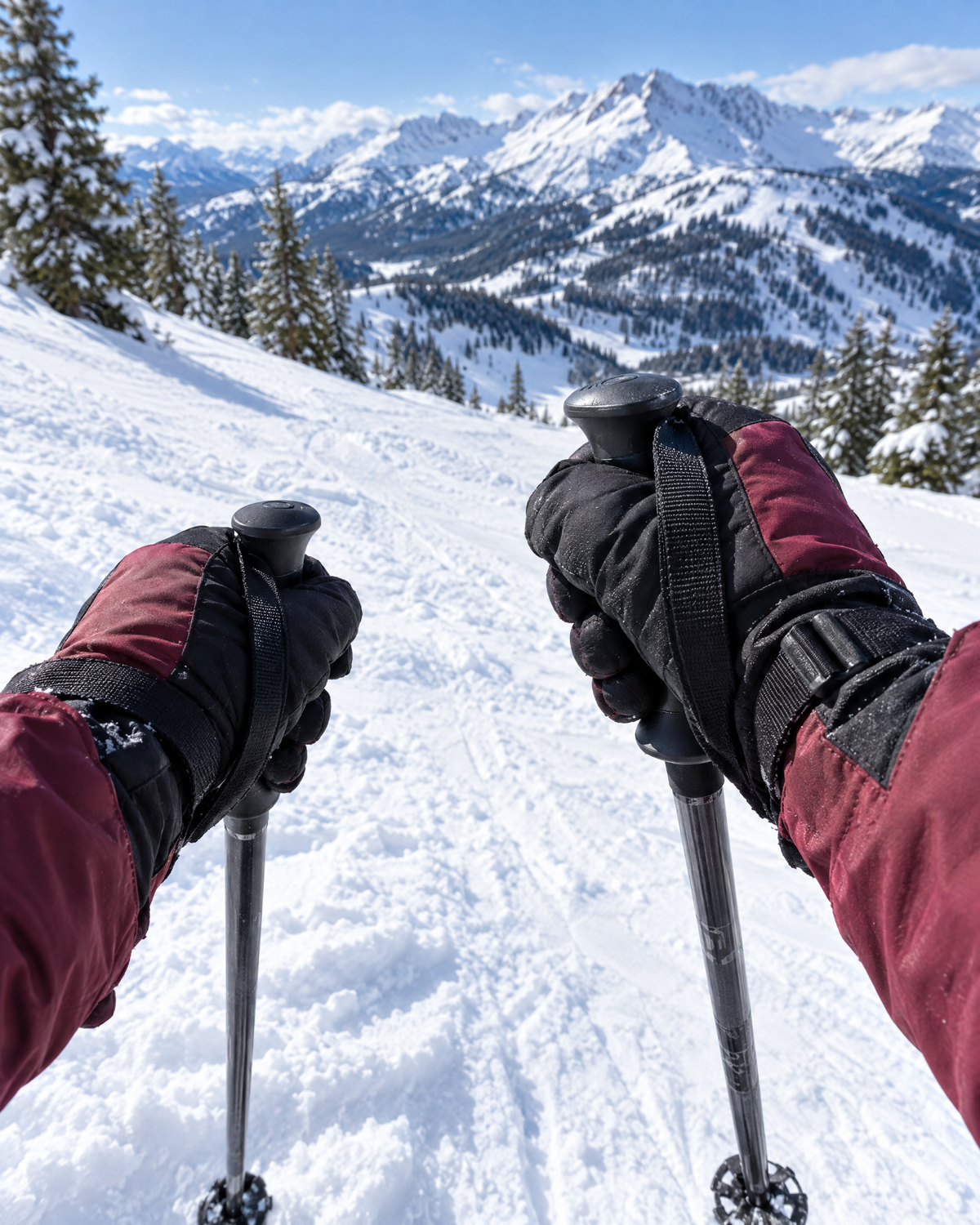 Gants de ski noirs et bordeaux tenant des bâtons sur la piste