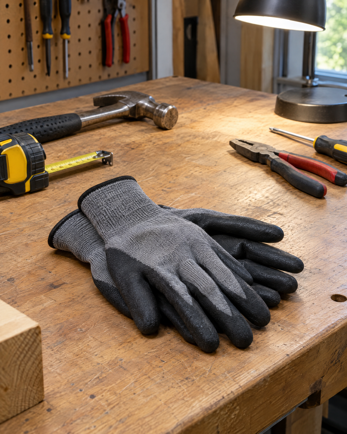 Gants de travail enduits posés sur un établi avec des outils