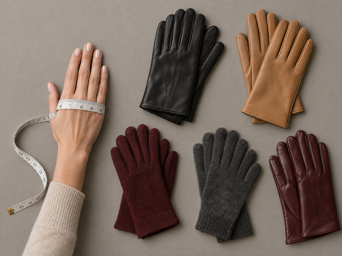 Mètre ruban autour d'une main à côté de gants en cuir et en laine Image