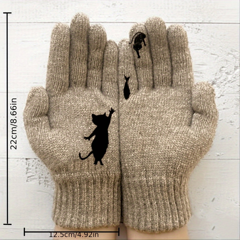 Gants tactiles à motif chat en maille duveteuse