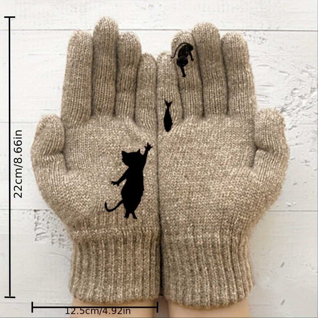 Gants tactiles à motif chat en maille duveteuse